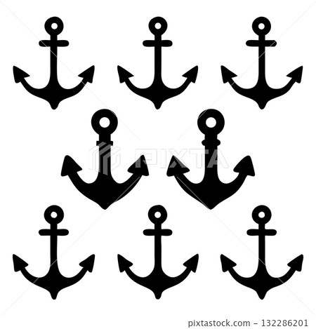 Several black anchor icons are arranged on a simple background for an appealing marine theme Several black anchor icons are arranged on a simple background for an appealing marine theme 132286201
