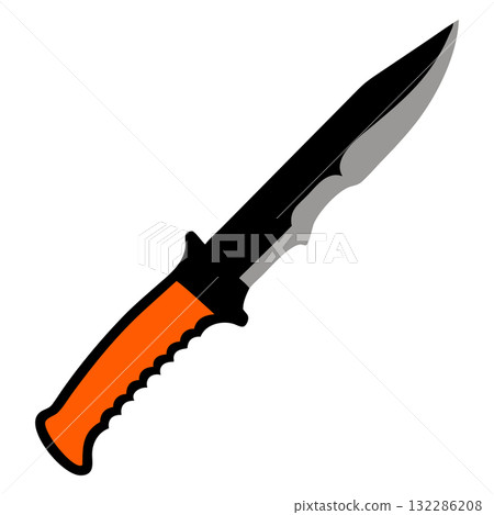 Sharp hunting knife is presented with a black blade and orange handle 132286208