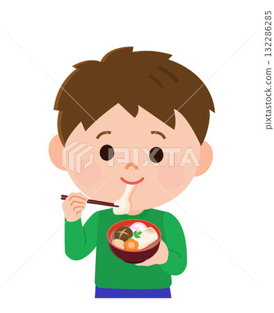 Illustration of a boy eating ozoni Illustration of a boy eating ozoni 132286285