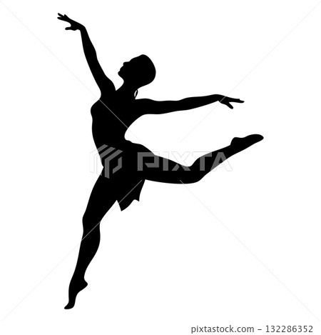 Silhouette of a graceful female dancer leaping with outstretched arms demonstrates expressive movement on display 132286352
