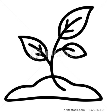 Simple line art shows a young plant growing from soil with three leaves 132286435