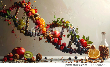 Artistic DNA helix made from fresh fruits, nuts, and seeds symbolizing nutrition, genetics, and natural wellness. A creative concept linking healthy food to human biology and longevity science 132286550
