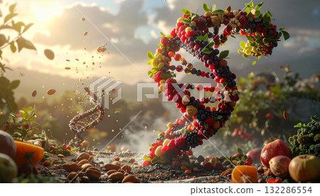Artistic DNA helix made from fresh fruits, nuts, and seeds symbolizing nutrition, genetics, and natural wellness. A creative concept linking healthy food to human biology and longevity science 132286554