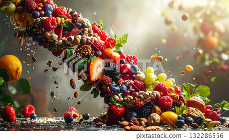 Artistic DNA helix made from fresh fruits, nuts, and seeds symbolizing nutrition, genetics, and natural wellness. A creative concept linking healthy food to human biology and longevity science 132286556