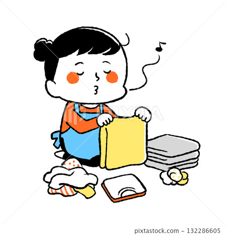 A housewife humming while folding laundry 132286605