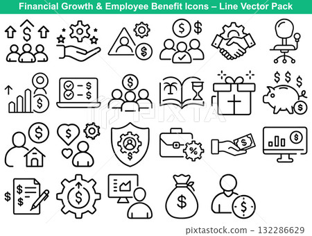 Financial growth and employee benefits icon collection, showcasing investment, salary and teamwork in line design Financial growth and employee benefits icon collection, showcasing investment, salary and teamwork in line design 132286629