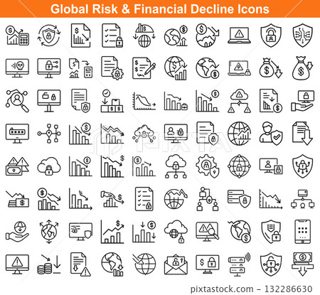 Global business risk line icons depicting financial decline, data security breaches, and data privacy loss Global business risk line icons depicting financial decline, data security breaches, and data privacy loss 132286630