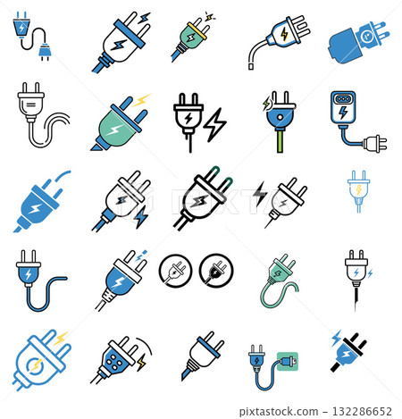 Electric Plugs Collection Illustration in Various Styles and Designs with Power Symbols 132286652