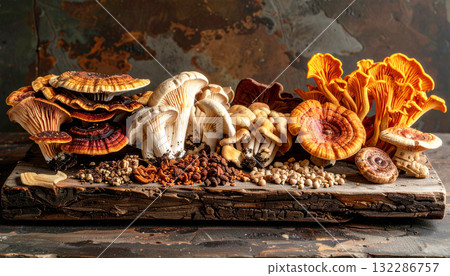 Assorted medicinal mushrooms including reishi, cordyceps, and shimeji displayed on a rustic wooden board. Rich textures and earthy tones highlight their adaptogenic and wellness properties Assorted medicinal mushrooms including reishi, cordyceps, and shimeji displayed on a rustic wooden board. Rich textures and earthy tones highlight their adaptogenic and wellness properties 132286757