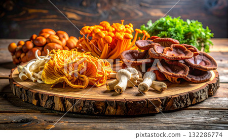 Assorted medicinal mushrooms including reishi, cordyceps, and shimeji displayed on a rustic wooden board. Rich textures and earthy tones highlight their adaptogenic and wellness properties Assorted medicinal mushrooms including reishi, cordyceps, and shimeji displayed on a rustic wooden board. Rich textures and earthy tones highlight their adaptogenic and wellness properties 132286774
