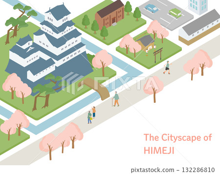 Isometric landscape of Himeji Castle during cherry blossom season | Three-dimensional illustration of cherry blossoms in full bloom and Shirasagi Castle, a famous Japanese castle in spring 132286810
