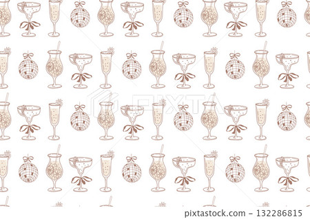 Pattern of whimsical cocktail illustrations in hand-drawn style 132286815