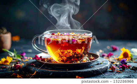 A steaming glass cup of herbal tea surrounded by fresh mint leaves on a clean white background, radiating freshness, relaxation, and natural wellness through minimalist composition A steaming glass cup of herbal tea surrounded by fresh mint leaves on a clean white background, radiating freshness, relaxation, and natural wellness through minimalist composition 132286966