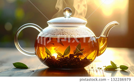 Clear glass teapot filled with golden herbal tea, steaming gently on rustic wooden table with dried herbs scattered around. Cozy and calming scene for wellness, tea, and natural lifestyle themes 132286979