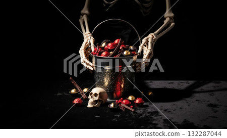 Elegant Skeletal Hands Arranging Dark Candy on Velvet Halloween 132287044