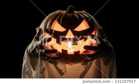Ghost Hands Holding Glowing Jack-o-Lantern Pumpkin with Spooky Light 132287057