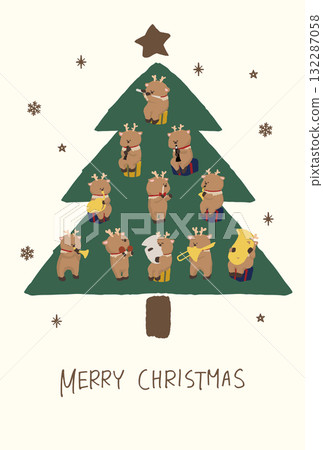 Illustration of a Christmas tree decorated with reindeer holding musical instruments (flat color, cute) 132287058
