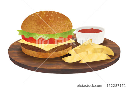 美國漢堡與薯條水彩畫 132287151