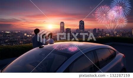 Fireworks illuminating the sunset sky and the future of the family 132287159