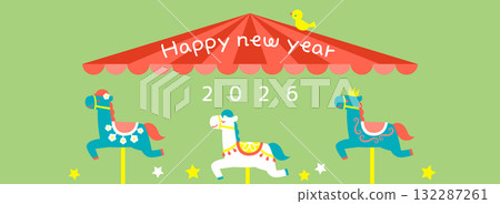2026 年馬年旋轉木馬的橫向橫幅插圖 132287261