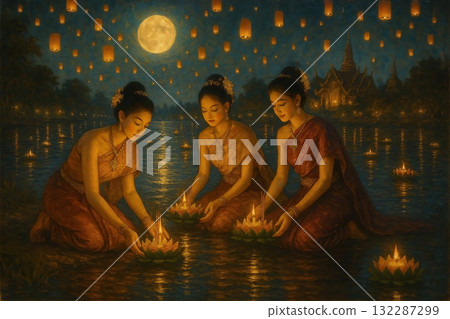 Classic Oil Painting Loy Krathong Festival Night In Thailand Classic Oil Painting Loy Krathong Festival Night In Thailand 132287299