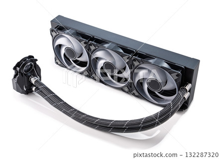 Modern Liquid CPU Cooler with Three Fans Isolated on White Background. High Performance PC 132287320