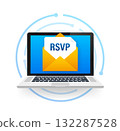 Laptop displaying online RSVP invitation email on screen 132287528