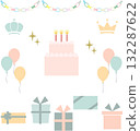 Pastel-colored birthday item set | Cute cake, present, balloon, and crown illustration material 132287622