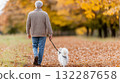 Elderly caucasian male walking dog in scenic autumn park with colorful foliage 132287658