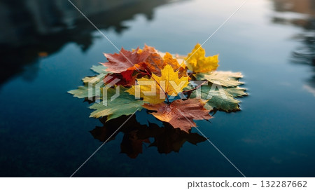 Vibrant autumn leaves floating on tranquil water surface in serene outdoor setting Vibrant autumn leaves floating on tranquil water surface in serene outdoor setting 132287662