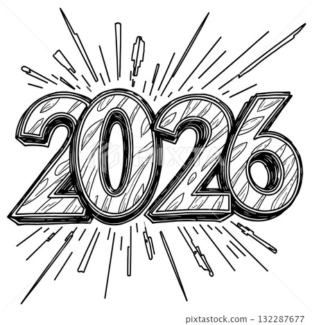 3D 2026 Numbers with Wood Grain Texture and Bursting Lines year lettering 3D 2026 Numbers with Wood Grain Texture and Bursting Lines year lettering 132287677