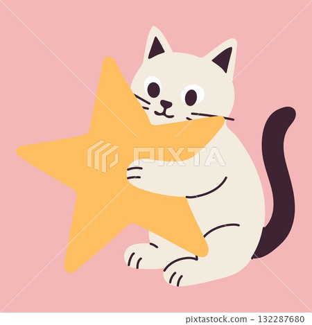 Whimsical Cartoon Cat Embracing Star Whimsical Cartoon Cat Embracing Star 132287680