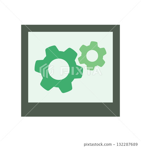 Flat illustration of a green gear icon and a polaroid-style frame Flat illustration of a green gear icon and a polaroid-style frame 132287689