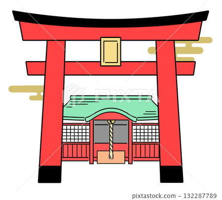 神社鳥居和拜殿的彩色插圖 神社鳥居和拜殿的彩色插圖 132287789