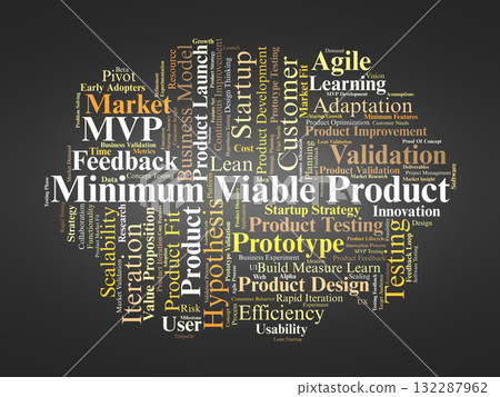 Minimum Viable Product Word Cloud. Core Concepts Of MVP Development, Market Validation, Lean Strategy, Customer Feedback, And Startup Innovation Processes. Minimum Viable Product Word Cloud. Core Concepts Of MVP Development, Market Validation, Lean Strategy, Customer Feedback, And Startup Innovation Processes. 132287962