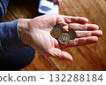Senior woman's hand thinking about living expenses in retirement, savings and cash management 132288184