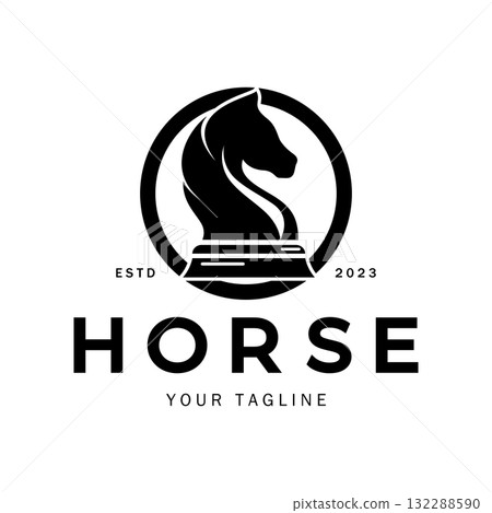 Chess strategy game logo with horse, king, pawn, minister and rook. Logo for chess tournament, chess team, chess championship, chess game application. 132288590