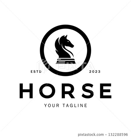 Chess strategy game logo with horse, king, pawn, minister and rook. Logo for chess tournament, chess team, chess championship, chess game application. 132288596