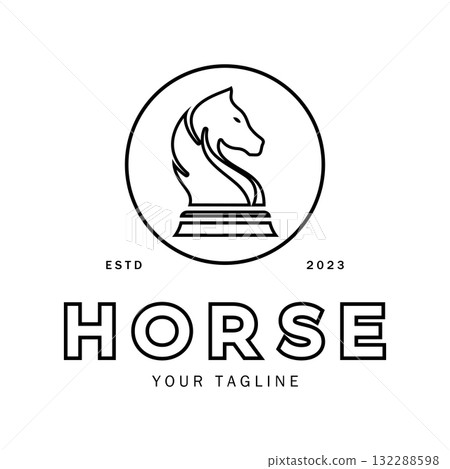 Chess strategy game logo with horse, king, pawn, minister and rook. Logo for chess tournament, chess team, chess championship, chess game application. 132288598