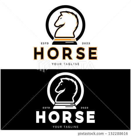Chess strategy game logo with horse, king, pawn, minister and rook. Logo for chess tournament, chess team, chess championship, chess game application. Chess strategy game logo with horse, king, pawn, minister and rook. Logo for chess tournament, chess team, chess championship, chess game application. 132288616