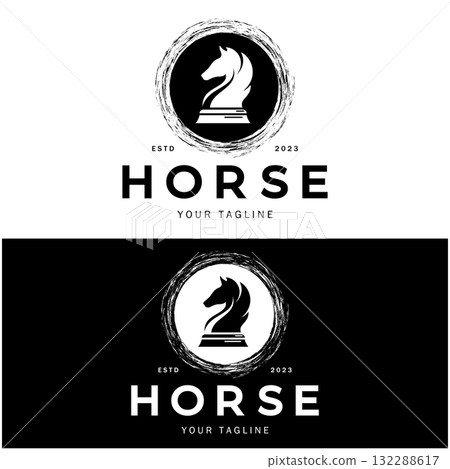 Chess strategy game logo with horse, king, pawn, minister and rook. Logo for chess tournament, chess team, chess championship, chess game application. Chess strategy game logo with horse, king, pawn, minister and rook. Logo for chess tournament, chess team, chess championship, chess game application. 132288617