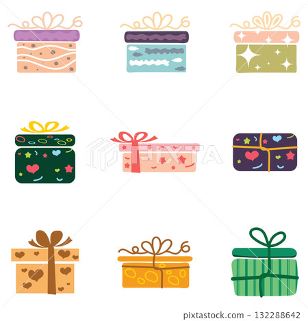 Gift box set, gift illustrations, colorful silhouettes with bows and ribbons, vector Gift box set, gift illustrations, colorful silhouettes with bows and ribbons, vector 132288642