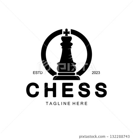 Chess strategy game logo with horse, king, pawn, minister and rook. Logo for chess tournament, chess team, chess championship, chess game application. 132288743