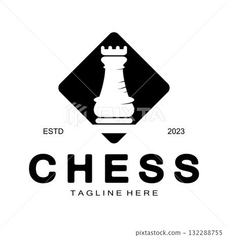Chess strategy game logo with horse, king, pawn, minister and rook. Logo for chess tournament, chess team, chess championship, chess game application. 132288755