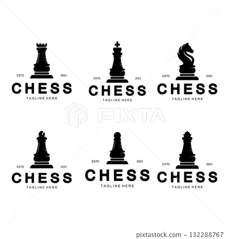 Chess strategy game logo with horse, king, pawn, minister and rook. Logo for chess tournament, chess team, chess championship, chess game application. Chess strategy game logo with horse, king, pawn, minister and rook. Logo for chess tournament, chess team, chess championship, chess game application. 132288767