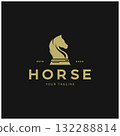 Chess strategy game logo with horse, king, pawn, minister and rook. Logo for chess tournament, chess team, chess championship, chess game application. 132288814