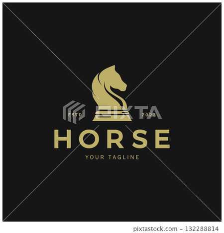 Chess strategy game logo with horse, king, pawn, minister and rook. Logo for chess tournament, chess team, chess championship, chess game application. 132288814