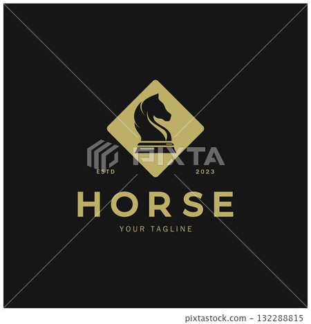Chess strategy game logo with horse, king, pawn, minister and rook. Logo for chess tournament, chess team, chess championship, chess game application. 132288815