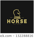 Chess strategy game logo with horse, king, pawn, minister and rook. Logo for chess tournament, chess team, chess championship, chess game application. 132288816