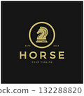 Chess strategy game logo with horse, king, pawn, minister and rook. Logo for chess tournament, chess team, chess championship, chess game application. 132288820